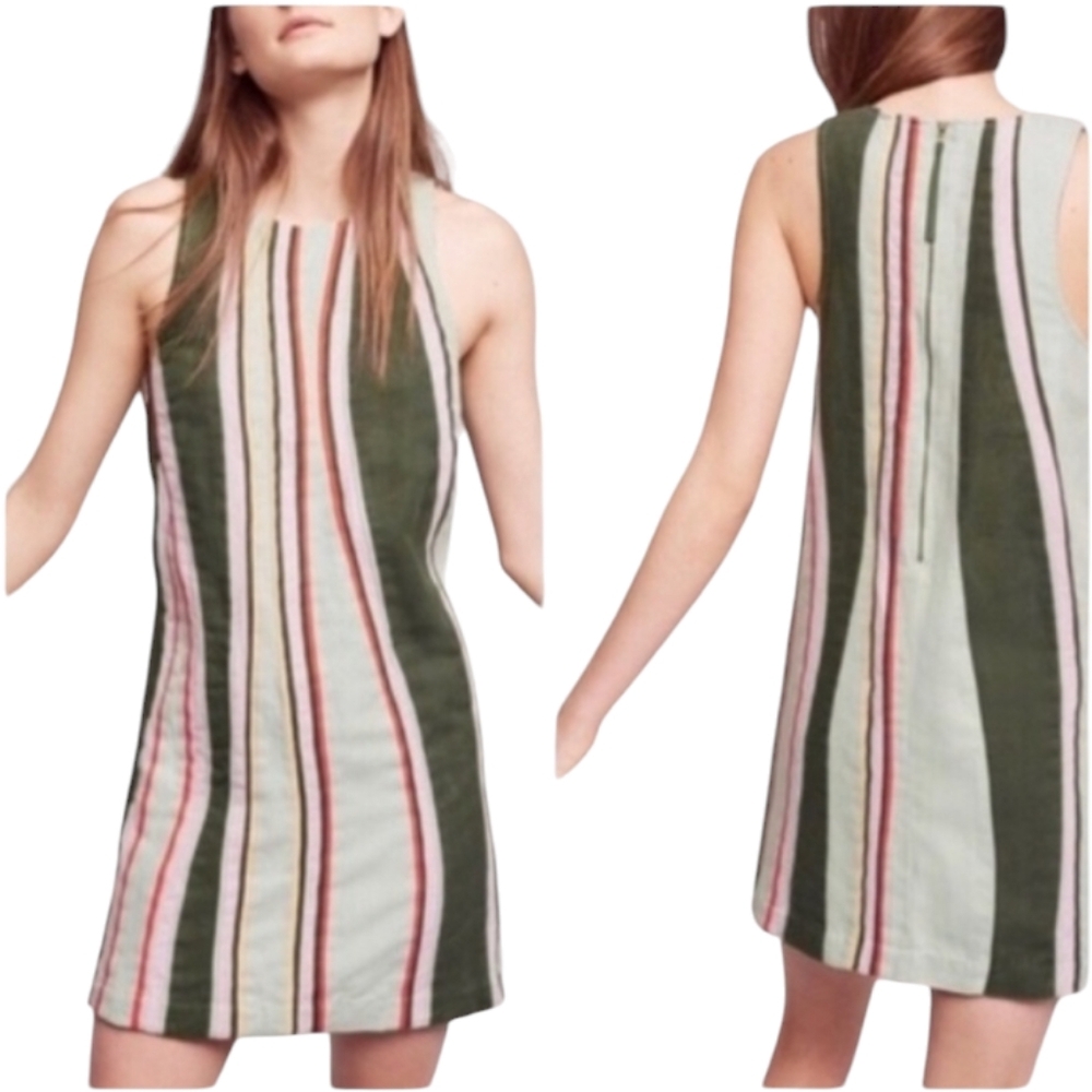Maeve Striped Sleeveless Midi Dress in Olive, Cream & Pink